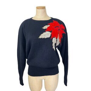 Albee women's sweater S black red velvet flower vintage shoulder pads